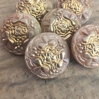 Vintage Czech Art Nouveau Deco Glass Flower Floral Buttons Pink Satin Glass Gold Detail Czechoslovakian - 18 mm - 1 Piece