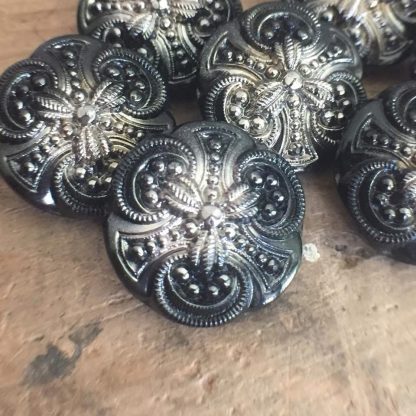 Vintage Czech Art Nouveau Deco Glass Buttons Silver Jet Black Czechoslovakian - 22 mm - 1 Piece