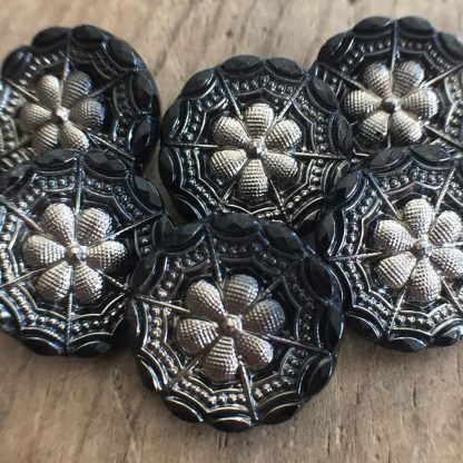 Vintage Czech Art Nouveau Deco Glass Floral Flower Buttons Silver Jet Black Czechoslovakian - 18 mm - 1 Piece