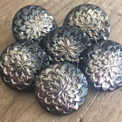 Vintage Czech Art Nouveau Deco Glass Floral Flower Chrysanthemum Buttons Silver Jet Black Czechoslovakian - 18 mm - 1 Piece