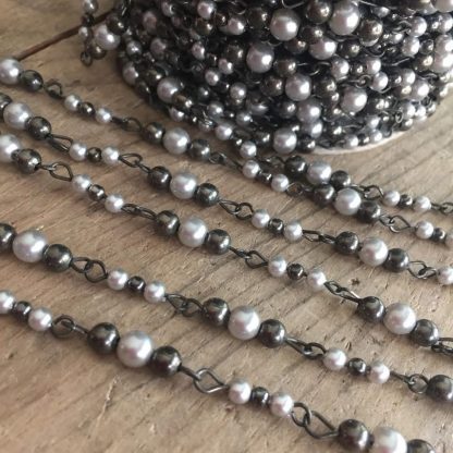 Vintage Japanese Faux Pearl and Gunmetal Rosary / Bead Chain - 3-6mm beads - 1 Foot