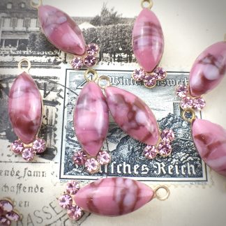 Vintage Pink Matrix Lampwork Drops / Charms / Pendants with Swarovski Rose Crystal Rhinestone Accents - 21mm - 2 Pieces