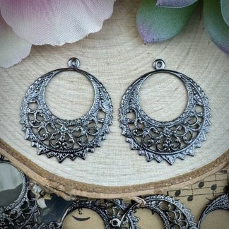 Vintage Haskell Dark Antique Silver Plated Filigree Hoop Stampings / Drops / Charms - 32mm x 28mm - 1 Pair