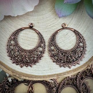Vintage Haskell Antique Copper Plated Filigree Hoop Stampings / Drops / Charms - 32mm x 28mm - 1 Pair