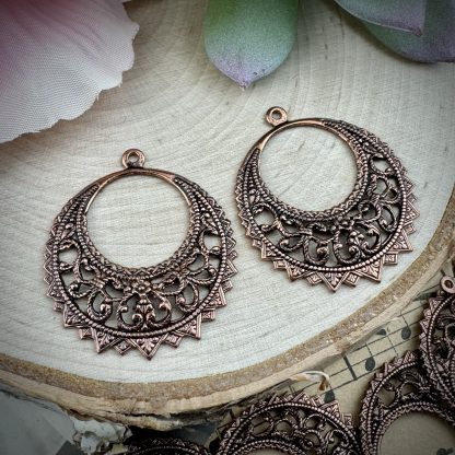 Vintage Haskell Antique Copper Plated Filigree Hoop Stampings / Drops / Charms - 32mm x 28mm - 1 Pair - Image 2