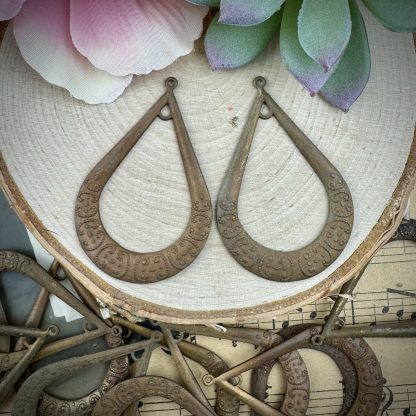 Vintage Brass Natural Gingerbread Patina Haskell Teardrop Drop Stampings Earring Frames - 53 x 35 mm - 2 Pieces