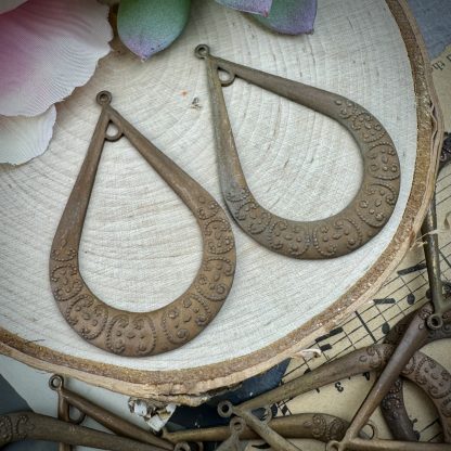 Vintage Brass Natural Gingerbread Patina Haskell Teardrop Drop Stampings Earring Frames - 53 x 35 mm - 2 Pieces - Image 2