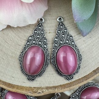 Vibrant Rose Moonglow / Silk Glass Pendants Ornate Peacock Pattern Antique Silver - 41mm - 1 Piece