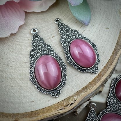 Vibrant Rose Moonglow / Silk Glass Pendants Ornate Peacock Pattern Antique Silver - 41mm - 1 Piece - Image 3
