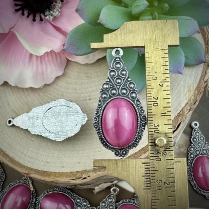 Vibrant Rose Moonglow / Silk Glass Pendants Ornate Peacock Pattern Antique Silver - 41mm - 1 Piece - Image 2