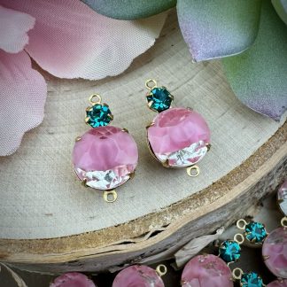 Rose Moonglow /  Silk Glass Givré and Swarovski Blue Zircon Rhinestone Connectors / Links - 20mm - 2 Pieces