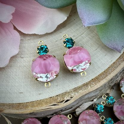 Rose Moonglow /  Silk Glass Givré and Swarovski Blue Zircon Rhinestone Connectors / Links - 20mm - 2 Pieces