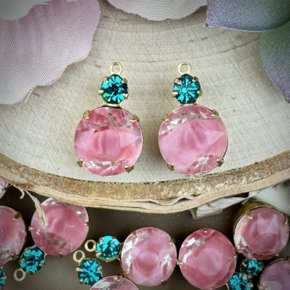 Rose Moonglow /  Silk Glass Givré and Swarovski Blue Zircon Rhinestone drops / pendants / charms - 18mm - 2 Pieces - Image 3