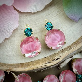 Rose Moonglow /  Silk Glass Givré and Swarovski Blue Zircon Rhinestone drops / pendants / charms - 18mm - 2 Pieces