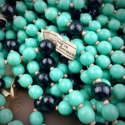 Vintage West German (U.S. Zone) Turquoise and Black Pressed Round LONG 5 Foot Glass Bead Strands - 8mm & 10mm - 1 strand