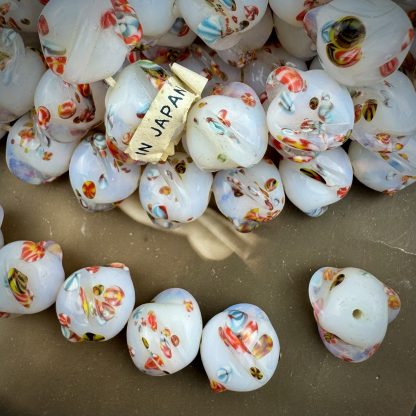 Vintage SUPER UNIQUE and RARE Occupied Japanese Milky White Opal Pinched Twisted Tombo Millefiori Glass Beads Japan - 14mm - 2 Beads - Image 2