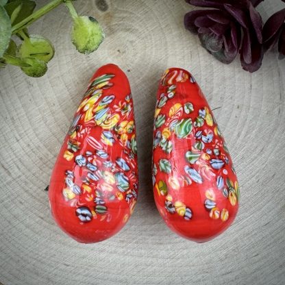 Vintage Giant Cherry Brand Occupied Japanese Lampwork Opaque Red Tombo Millefiori Glass Teardrop Beads Japan - 36mm - 1 Bead