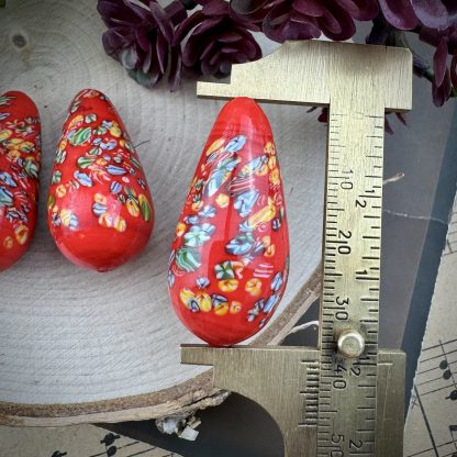 Vintage Giant Cherry Brand Occupied Japanese Lampwork Opaque Red Tombo Millefiori Glass Teardrop Beads Japan - 36mm - 1 Bead - Image 2