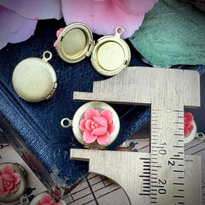 Little Dainty Lockets with Coral Pink Celluloid Flower Fronts - 13mm - 2 Pieces - Image 2