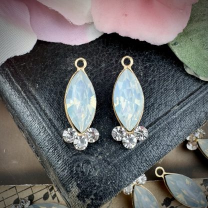 White Opal and Crystal Rhinestone Marquis Drops / Pendants - 21mm - 2 Pieces