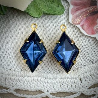 Vintage Montana Blue Rhinestone Diamond Pendants / Drops - 18mm - 2 Pieces