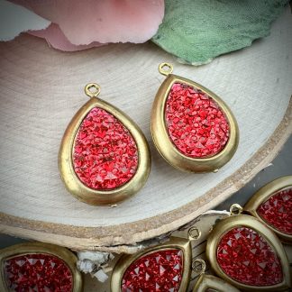 Ruby Red Textured and Faceted Double Sided Teardrop Pendants / Drops / Charms - 28mm - 2 Pieces