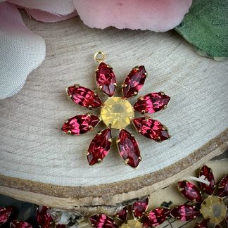 Fuchsia Pink and Yellow Honey Opal Rhinestone Flower Pendants / Drops / Charms - 17mm - 1 Piece