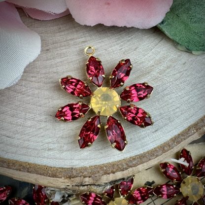 Fuchsia Pink and Yellow Honey Opal Rhinestone Flower Pendants / Drops / Charms - 17mm - 1 Piece
