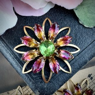 Gorgeous Purple/Pink 2 Tone with Peridot Green Centers Rhinestone Flower Components / Links / Connectors / Charms - 38mm - 1 Piece