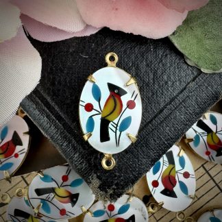 Vintage Mother of Pearl (MOP) Black, Red & Yellow Bird Inlay Pendants / Connectors / Links - 25mm - 2 Pieces