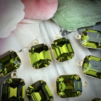 Vintage Swarovski Crystal Olivine Green Rhinestone Rectangle Pendants / Drops - 15mm - 2 Pieces
