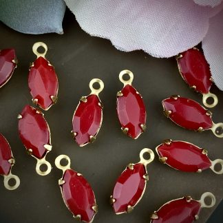 Vintage Opaque Cherry Red Rhinestone Marquis Drops / Charms - 12mm - 4 Pieces