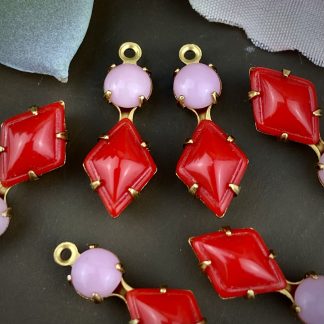 Adorable Vintage Opaque Red and Rose Pink Diamond Drops / Charms - 18mm - 2 Pieces