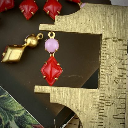 Adorable Vintage Opaque Red and Rose Pink Diamond Drops / Charms - 18mm - 2 Pieces - Image 2