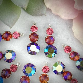 Vintage Swarovski Cardinal AB, Rose Pink, and Mexican Fire Opal / Dragon’s Breath Opal 3 Stone Silver Toned Drops / Charms - 23mm - 1 Piece