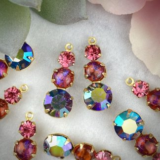 Vintage Swarovski Cardinal AB, Rose Pink, and Mexican Fire Opal / Dragon’s Breath Opal 3 Stone Drops / Charms - 23mm - 1 Piece