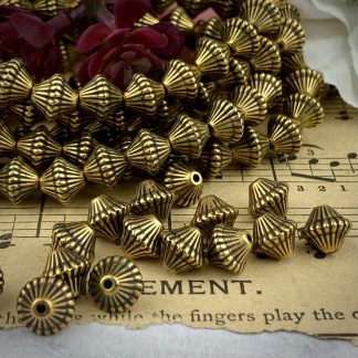 Vintage Antique Brass Metalized Textured Ribbed Bicone Beads Western Germany - 9mm - 25 Beads