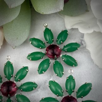 Vintage Jade Green and Fuchsia  Rhinestone Daisy Flower Drops / Charms in Silver Tone - 33mm - 1 Piece