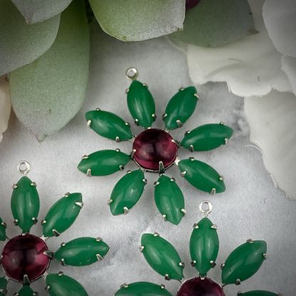 Vintage Jade Green and Fuchsia  Rhinestone Daisy Flower Drops / Charms in Silver Tone - 33mm - 1 Piece