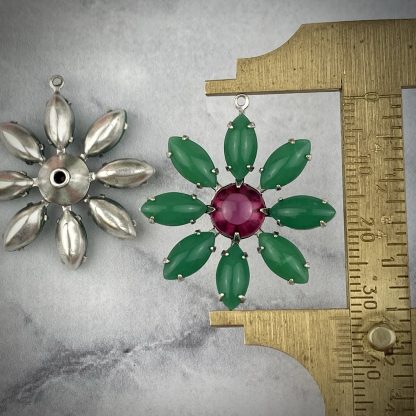 Vintage Jade Green and Fuchsia  Rhinestone Daisy Flower Drops / Charms in Silver Tone - 33mm - 1 Piece - Image 2