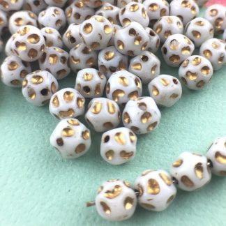 Vintage Opaque White with Gold Detailing Japanese Round Bumpy Beads - 6mm - 50 Beads