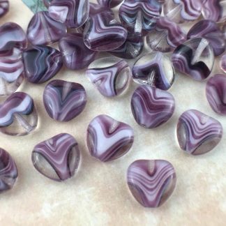 Vintage Czech Pressed Purple and White Givré Heart Beads Czechoslovakian - 8mm - 50 Beads