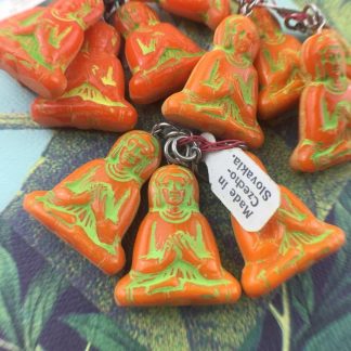 Vintage RARE Vibrant Orange with Green Antiquing Czechoslovakian Glass Buddha Charms / Drops - 29mm - 1 Piece
