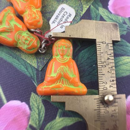 Vintage RARE Vibrant Orange with Green Antiquing Czechoslovakian Glass Buddha Charms / Drops - 29mm - 1 Piece - Image 2