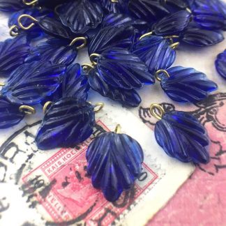 Vintage Sapphire Blue Press Moulded Glass Leaf Charms / Drops - 18mm - 6 Pieces