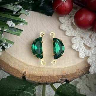 Vintage Crystal Emerald Green Half Moon / Circle  Rhinestone Connectors / Links / Charms in Gold Tone - 15mm - 4 Pieces