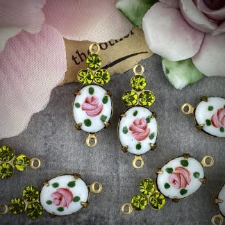 Vintage Hand Painted Guilloche with Swarovski Olivine Rhinestones Connectors / Links - 22mm - 2 Pieces