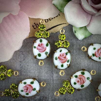 Vintage Hand Painted Guilloche with Swarovski Olivine Rhinestones Connectors / Links - 22mm - 2 Pieces