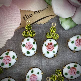 Vintage Hand Painted Guilloche with Swarovski Olivine Rhinestones Charms / Drops - 19mm - 2 Pieces