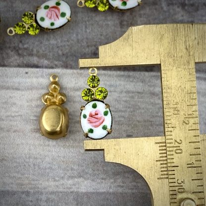 Vintage Hand Painted Guilloche with Swarovski Olivine Rhinestones Charms / Drops - 19mm - 2 Pieces - Image 2
